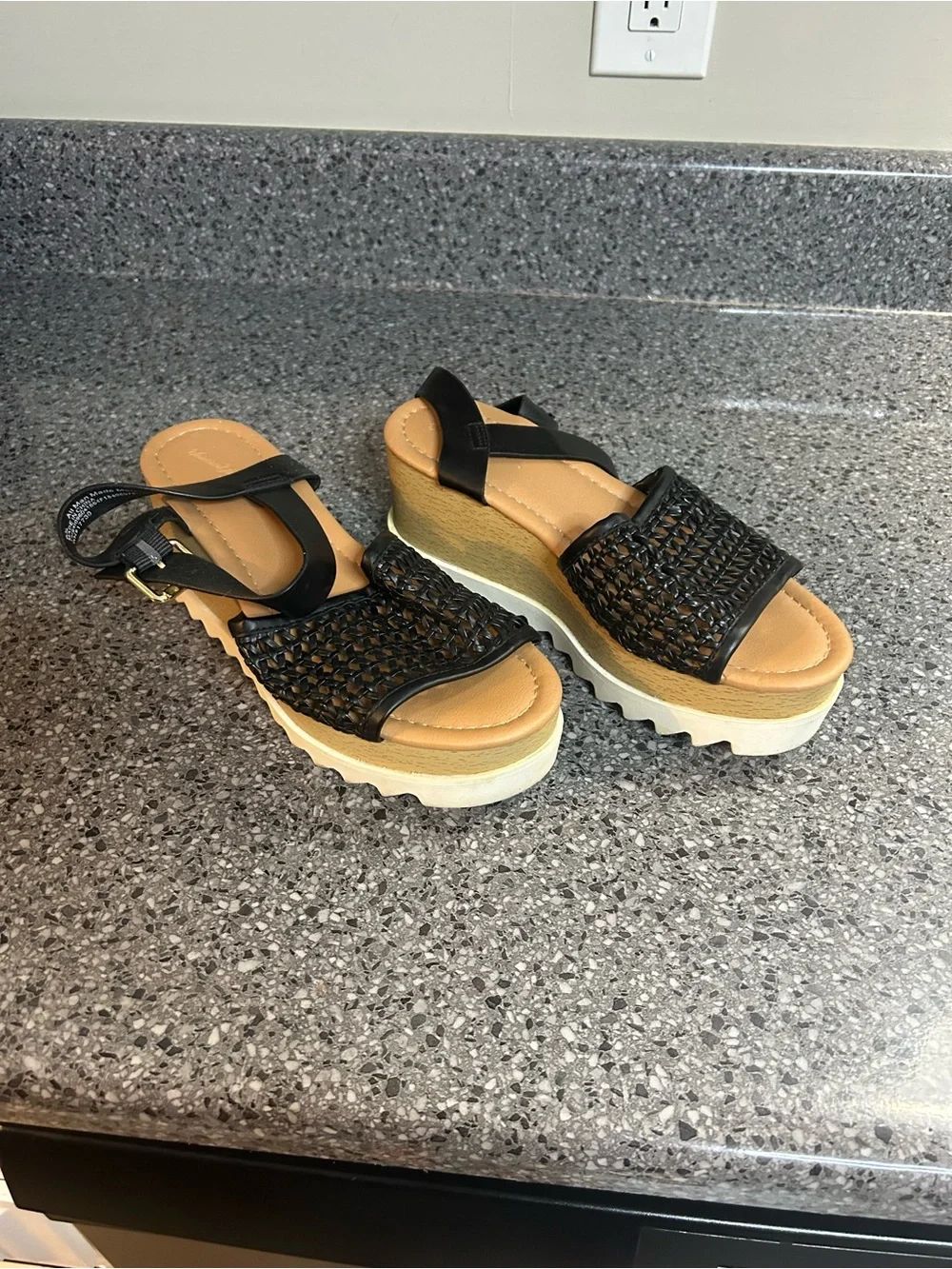 Universal Thread Black Woven Platform Wedges with Tan Footbed